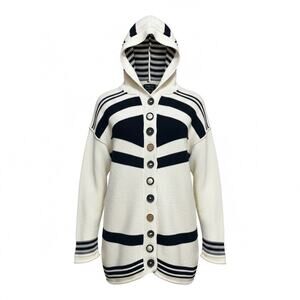 Pure Handknit Cardigan Boho Stripe Unique Ornate Buttons Size M/L Black Cream